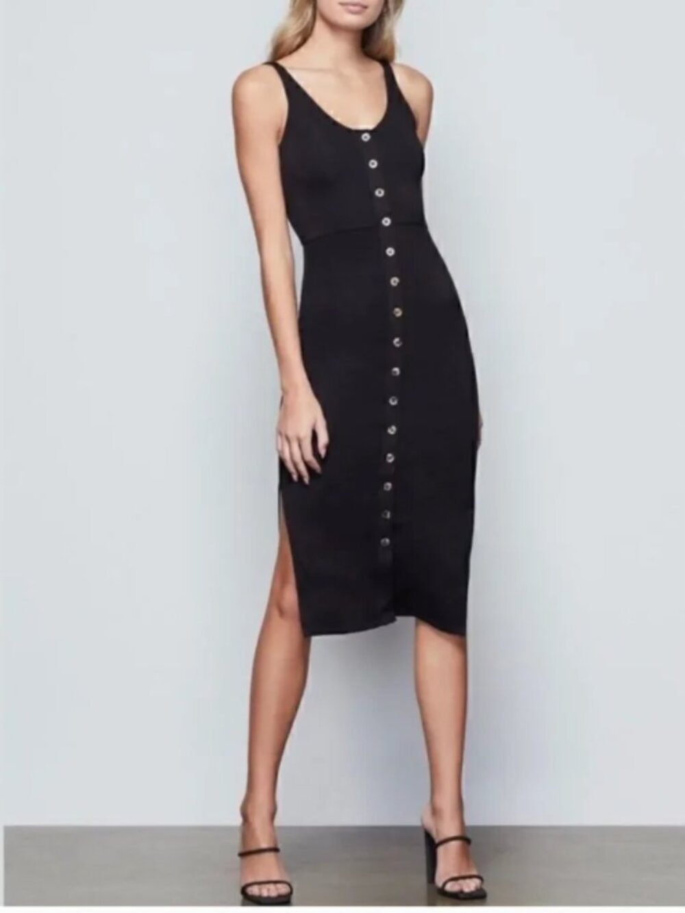 Good American Black Stretch Jersey Button Front Midi Dress NEW